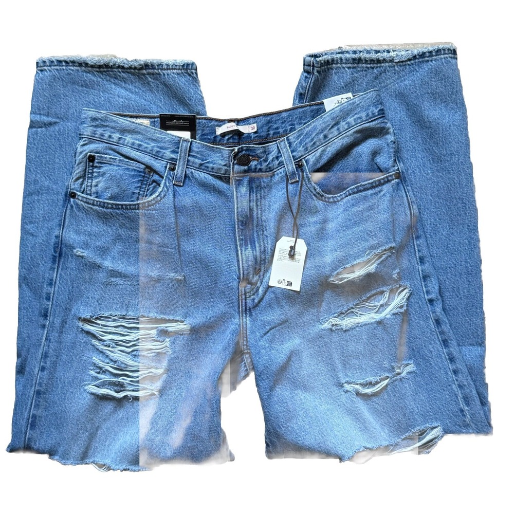 LEVI'S Jeans Womens 30x30 Blue Premium Denim Baggy Dad Destroyed Stright Leg NEW